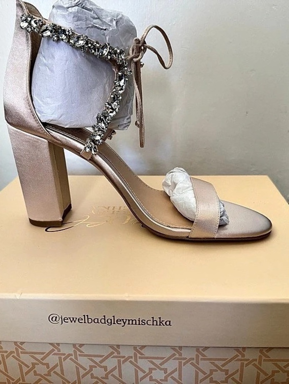Jewel Badgley Mischka Thamar Crystal Strappy Block Heel Pink